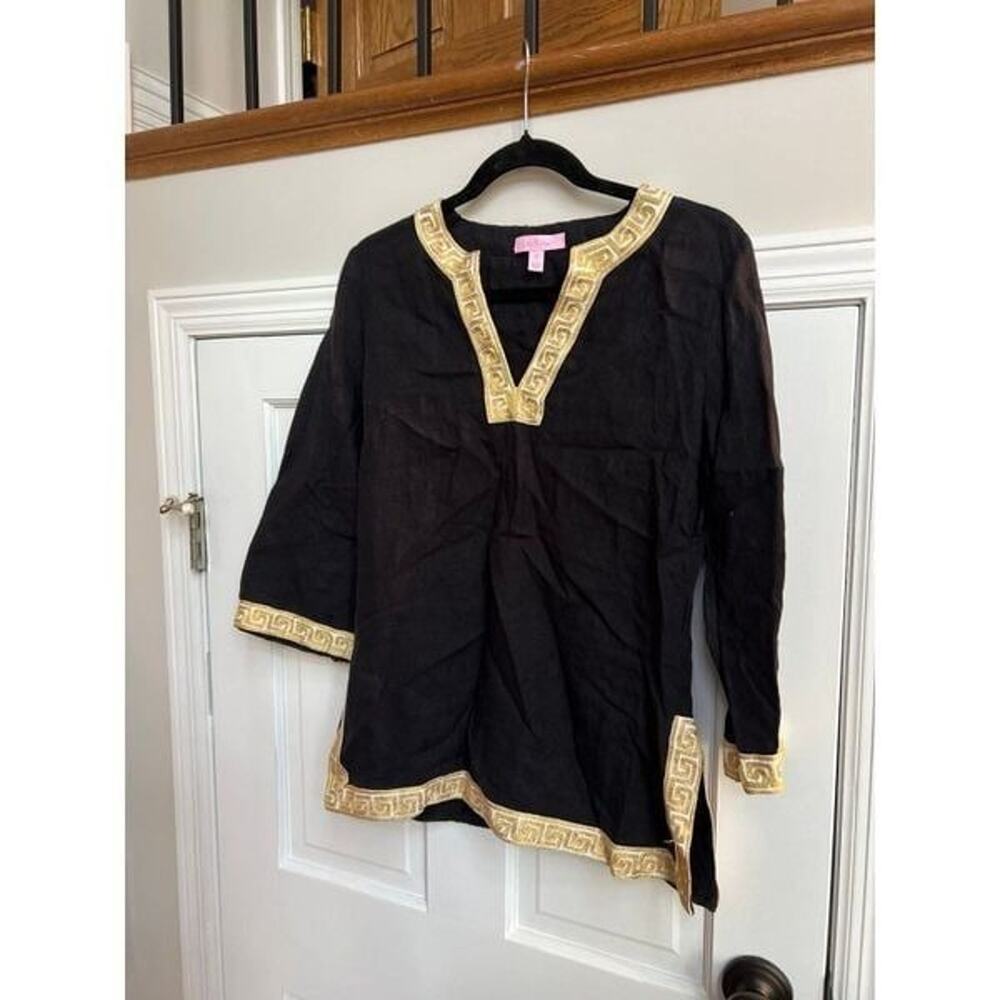 Lilly Pulitzer Linen Embroidered Gold Trim Tunic Top Women’s Size XS